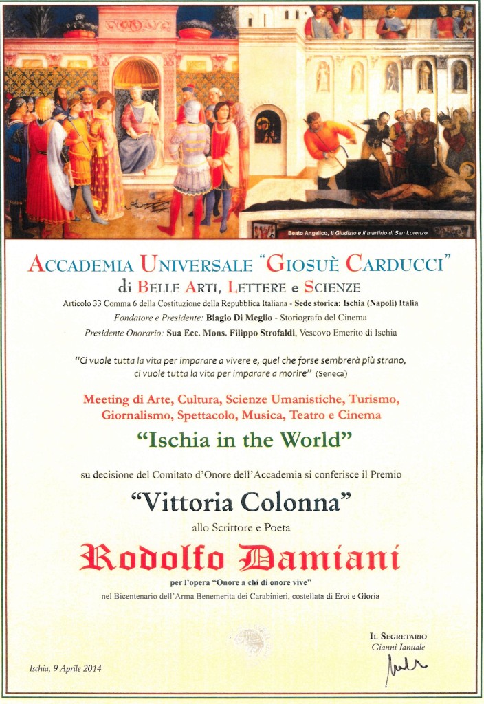 Premio Vittorio Colonna allo Scrittore e Poeta Rodolfo Damiani