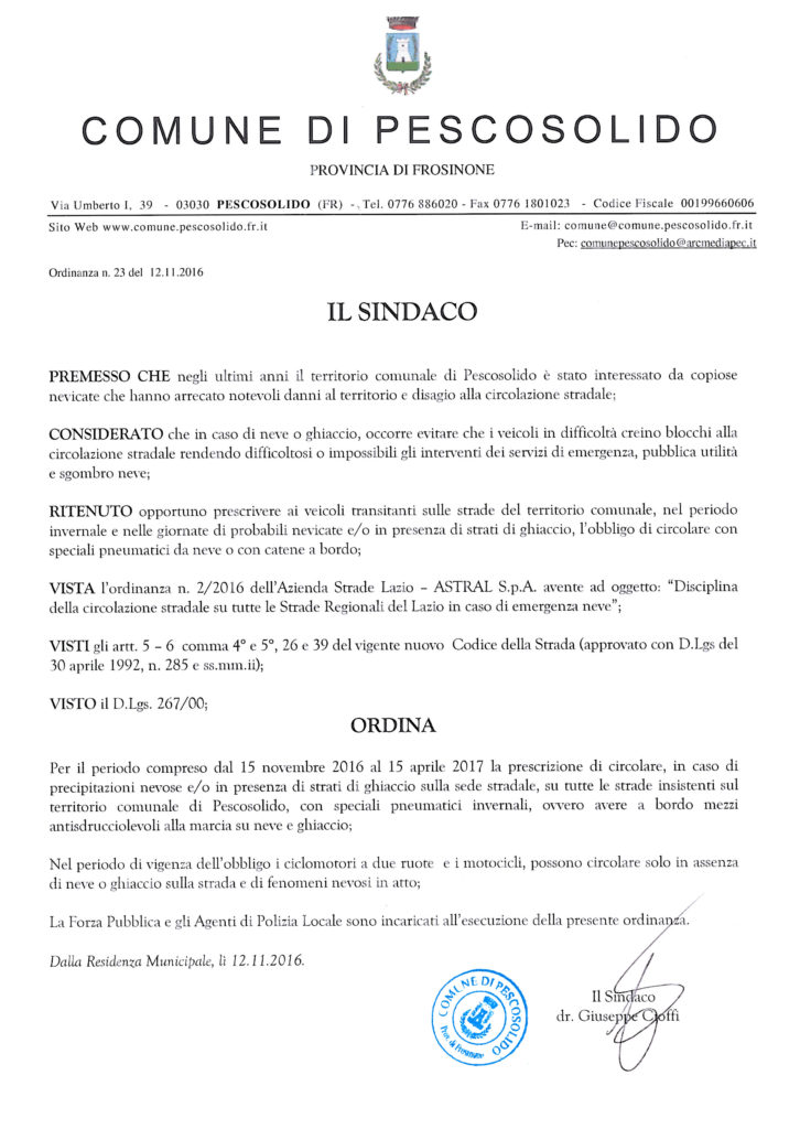 Ordinanza n. 23 del 12.11.2016